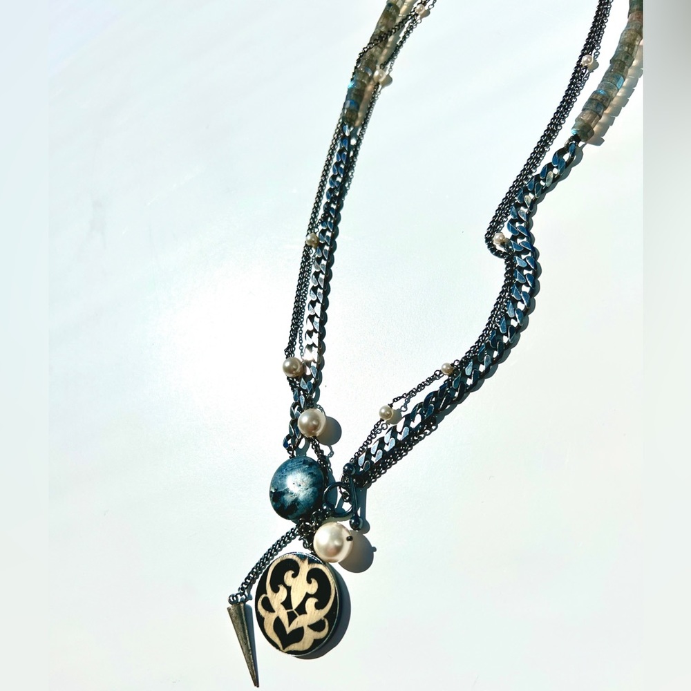 Paul Smith necklace Labradorite/Pearl/Silver/Wood-Inlay like new
